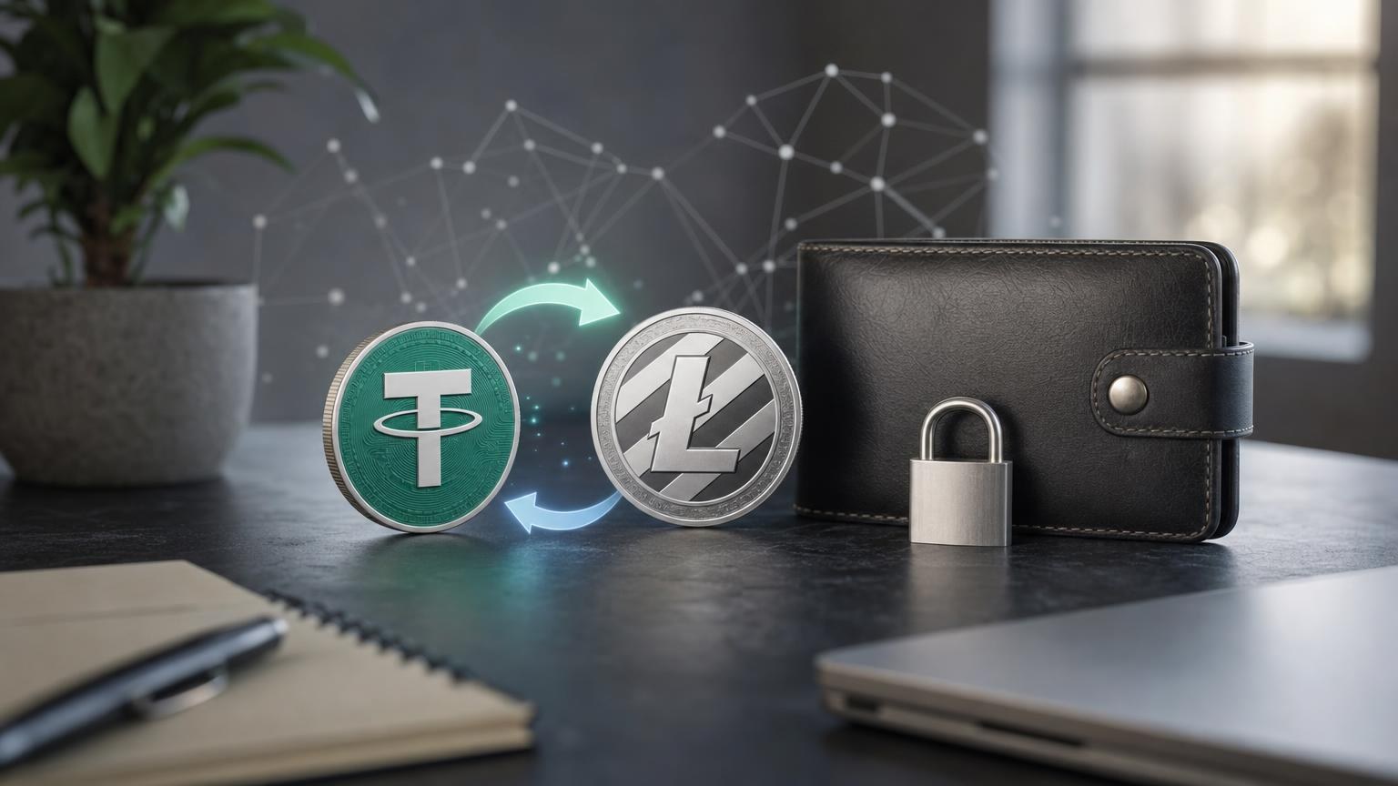 A beginner checking the USDT network, Litecoin receiving address, exchange amount, fee, and transaction details before confirming a swap